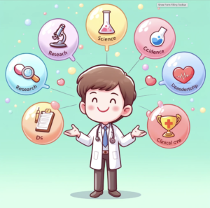 A cartoon of a young, attractive medical school applicant wearing a white coat, levitating five bubbles. Each bubble contains an object representing a different aspect of their medical journey: a microscope for research, a beaker for science, a trophy for leadership, a stethoscope for clinical care, and a heart symbolizing their desire to become a doctor. The scene is colorful and whimsical.